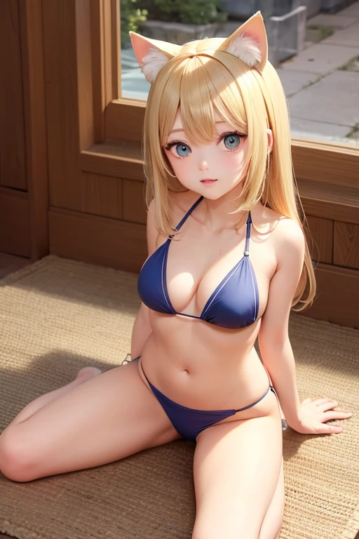 Cat ear, Blonde, Bikini, Sitting on the floor