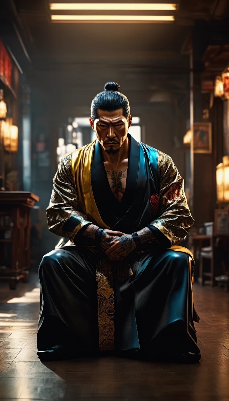 A Yakuza enforcer carrying out a brutal punishment on someone who crossed the organization, detail, shot, dramatic, daylight, indoor studio lights, medium shot , highly detailed, vibrant, detailed textures, medium shot, ultrawide, full length shot, realistic, bright, ultrarealistic, realistic focus face, bright scene, city, 8k ,hyper realistic, ultra detailed hyper realistic, photorealistic, Studio Lighting, reflections, Cinematic, historical accuracy, Color Grading, Photography, Shot on 50mm lens, Depth of Field, hyper-detailed, beautifully color, 8k