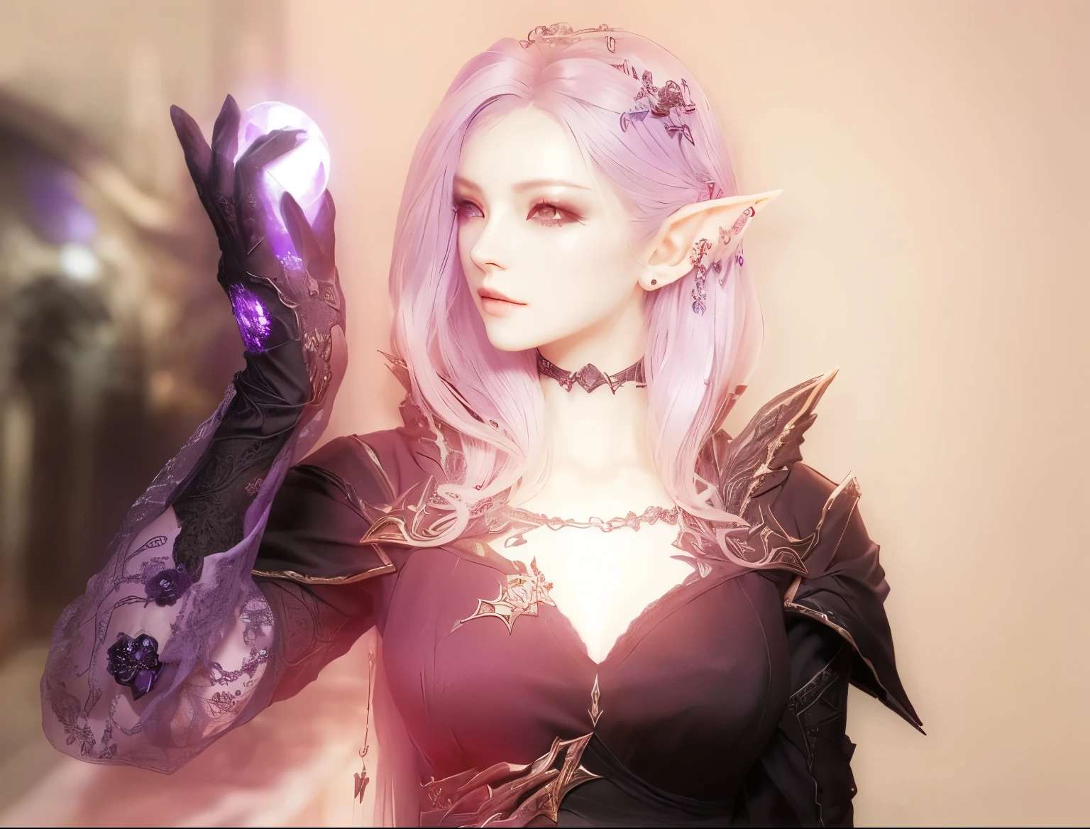 there is a woman in a black dress holding a purple object, from lineage 2, beautiful necromancer, lineage 2 revolution style, aion, hyperdetailed fantasy character, beautiful necromancer girl, inspired by Li Chevalier, beautiful girl necromancer, v from devil may cry as an elf, female character