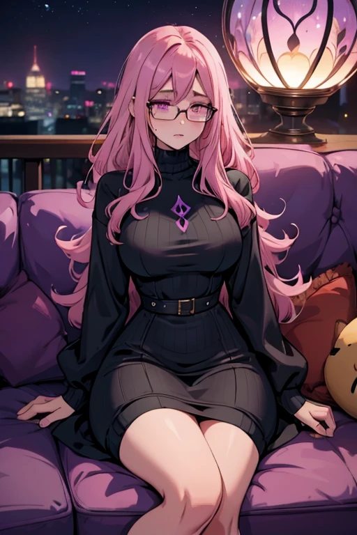 A pink haired woman with violet eyes with an hourglass figure with glasses in a cute sweatshirt dress is crying on a couch at night