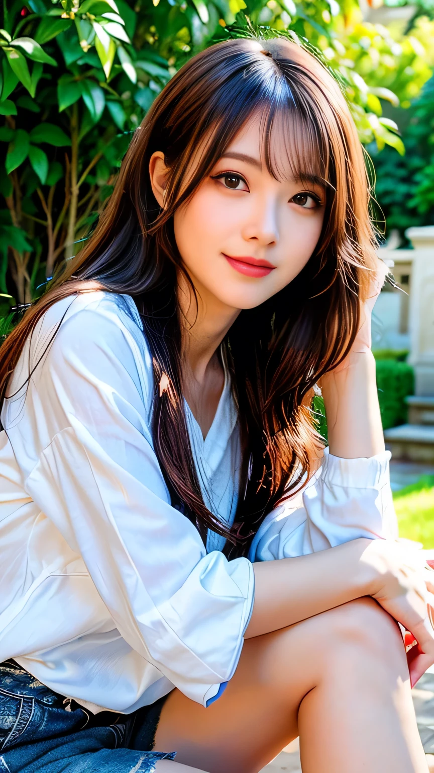 Full Body Angle、((highest quality, 8K, masterpiece: 1.3)), concentrated: 1.2, Cute girl 1,Nipples erect、 Perfect beauty: 1.4,Crisscross V-neck T-shirt, Casual summer short sleeve t-shirt: 1.2,Long sleeve、Randall Color、comics&Text Graphics、Black ruffle-trimmed drawstring zip blouse,1.1, Highly detailed face and skin textures, Fine grain, double eyelid, whitening skin, ,highest quality,Ultra-high resolution,you,1 girl,alone,_Shiny_skin,Iris,necklace,((Brown_length_Wavy_hair)),(lips)),eyelash,Front hair,deal with,compensate,Shiny,pore,skin texture,Large Breasts、smiling face、Front hair、garden、