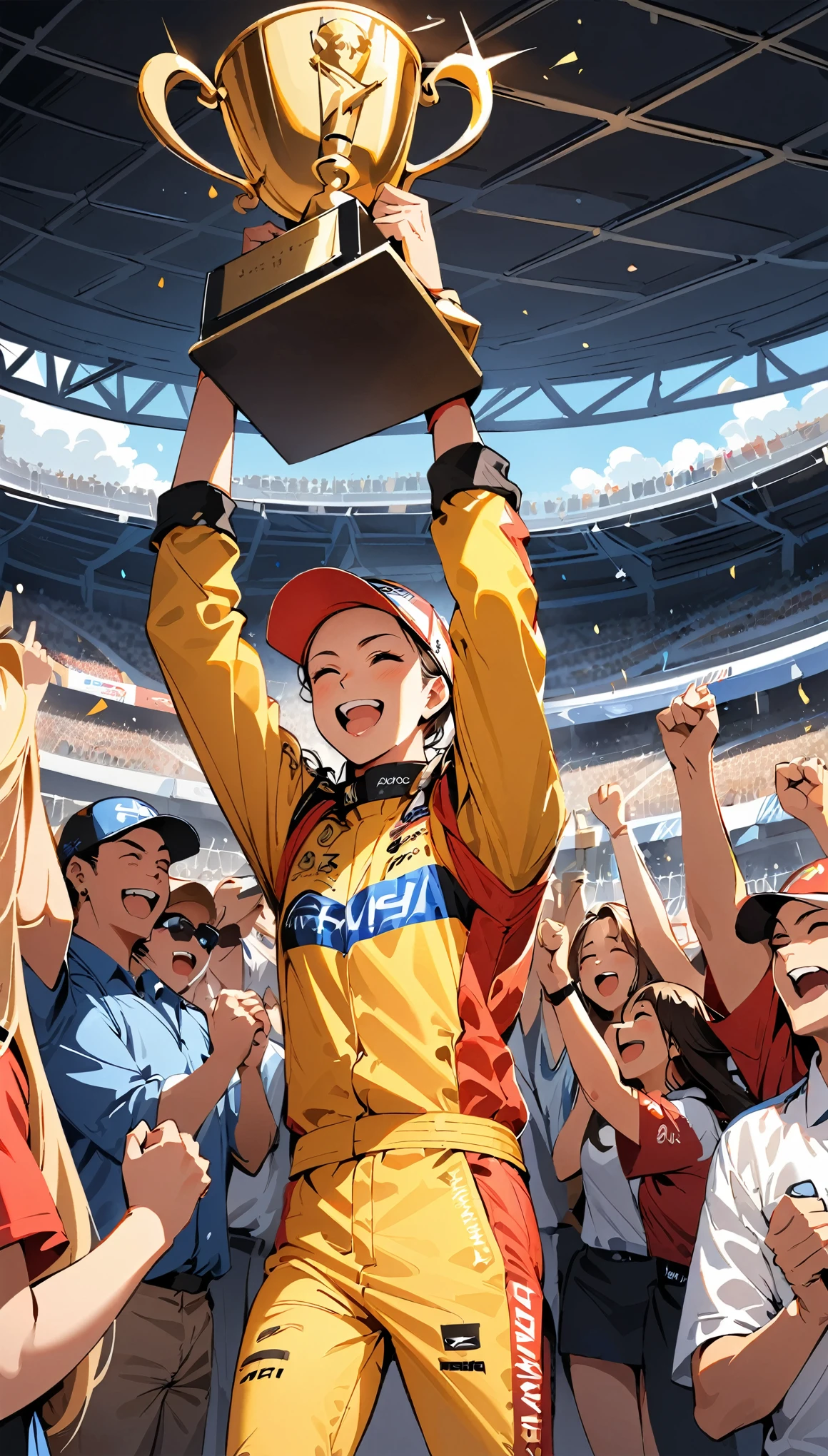 (highest quality:1.2, Very detailed, High Contrast, masterpiece:1.2, highest quality, Best aesthetics), Racing Driver, Gold Trophy, ((Professional Driver, Holding up the trophy, Podium celebration)), Adrenaline rush, きらびやかなGold Trophy, Sparkling champagne, Winning attitude, Exhilarating atmosphere, Crowd cheers, Flashy race car, Photo finish, A brilliant victory, A dream come true, (Podium Finish), Huge strength, Explosive Energy.