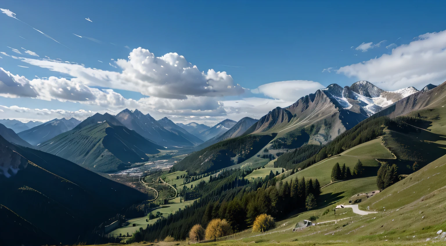 natural scenery with a backdrop of majestic mountains and white clouds and blue sky