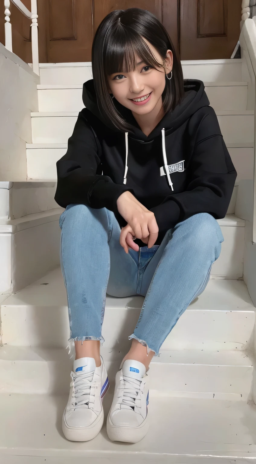 highest quality, Realistic, Very detailed, Finer details, High resolution, 8k wallpaper, One beautiful woman,Sit on the stairs、(Wear black socks)smile、(Beautiful teeth alignment、)(Gums are visible) Oversized hoodie, Skinny jeans,( Black sneakers)、Black Hair、 Beautiful Bangs、ear piercing、Perfect dynamic composition, Beautiful and detailed, Full Body Shot, A big smile