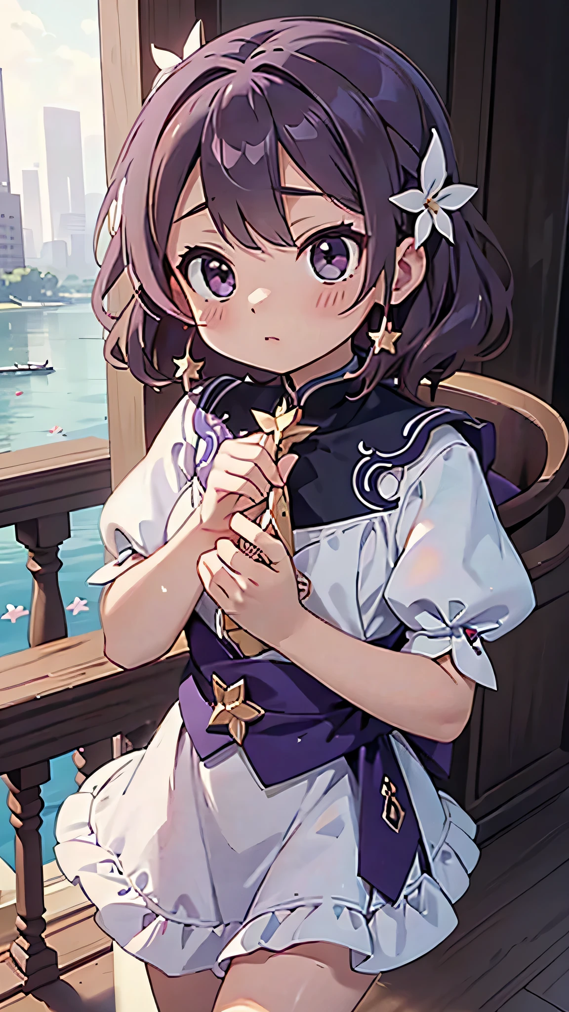 masterpiece, highest quality, Very detailed, figure, , , One girl,alone, Image body, flower, View your viewers, , , Purple eyes, Jewel-like eyes, Very fine grain, Very detailed顔,, , star (null), Star,  Purple Energy,  handrail, Stream star