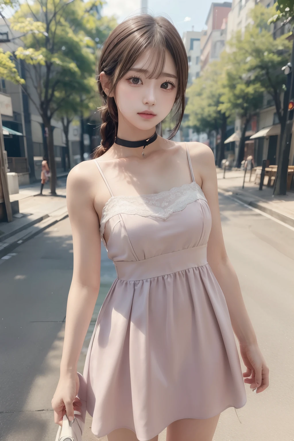 1girl,highres, high quality, masterpiece, mxmkWhiteDress, bare shoulder, purple eyes, white dress, braid, chocker, beach