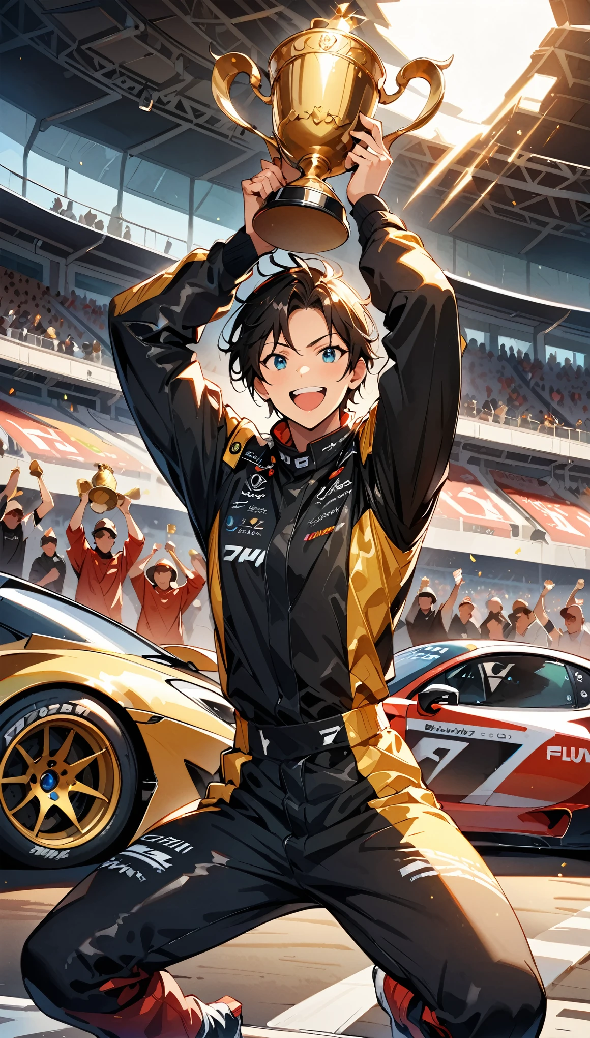 (highest quality:1.2, Very detailed, High Contrast, masterpiece:1.2, highest quality, Best aesthetics), Racing Driver, Gold Trophy, ((Professional Driver, Holding up the trophy, Podium celebration)), Adrenaline rush, きらびやかなGold Trophy, Sparkling champagne, Winning attitude, Exhilarating atmosphere, Crowd cheers, Flashy race car, Photo finish, A brilliant victory, A dream come true, (Podium Finish), Huge strength, Explosive Energy.