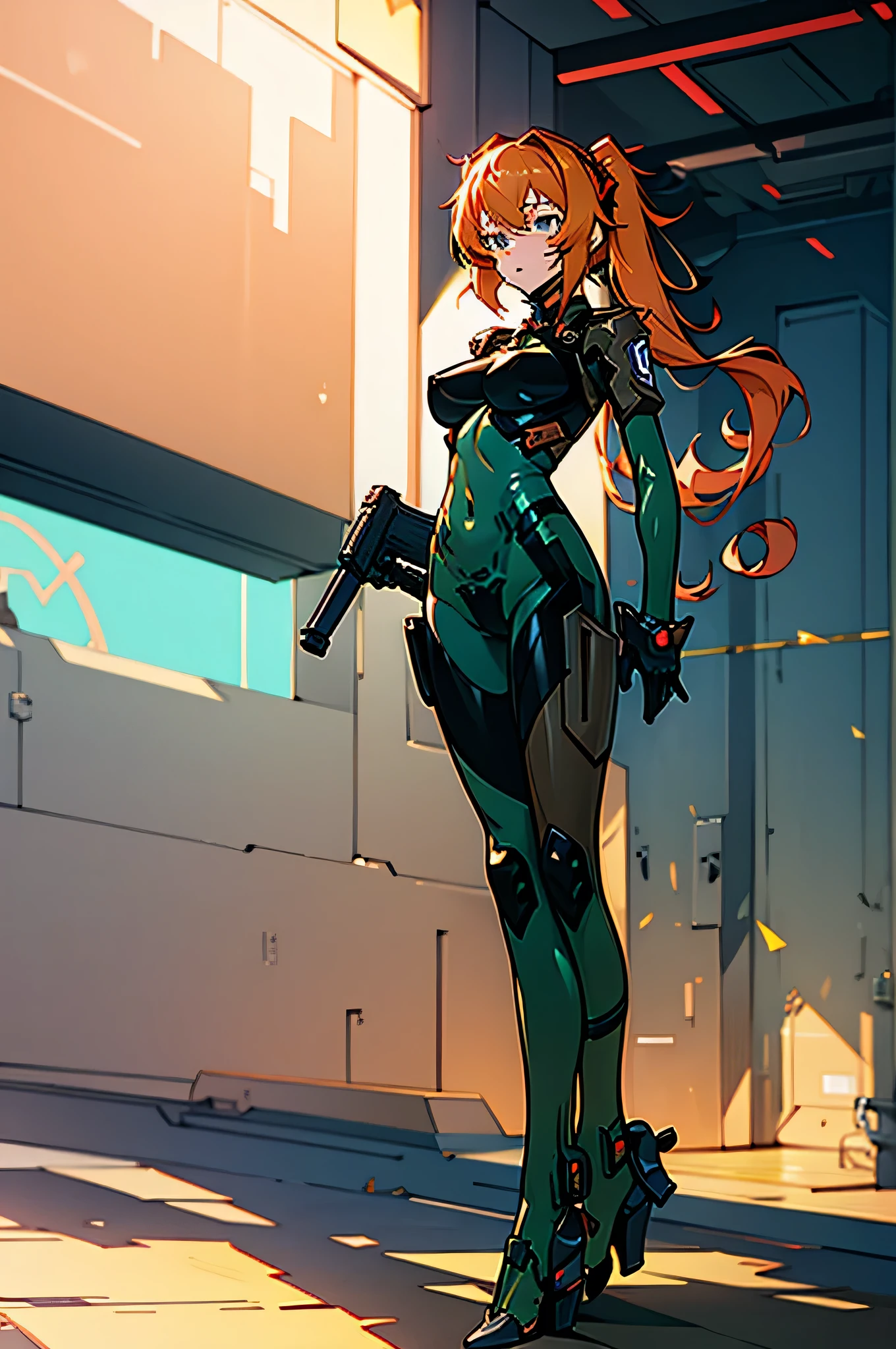 8k, masterpiece, realistic, 1girl, ((Kalina)), orange_hair, solo_twin_tails, medium_breasts, (white_comet_bodysuit), green_Bodysuit, (greet_fortified_suit), latex, engineer, a woman in a green outfit holding a gun standing on a platform,  female smith anime girl, anime character; full body art, anime girl of the future, (high_Heels), drones, ((engineer)), sexy