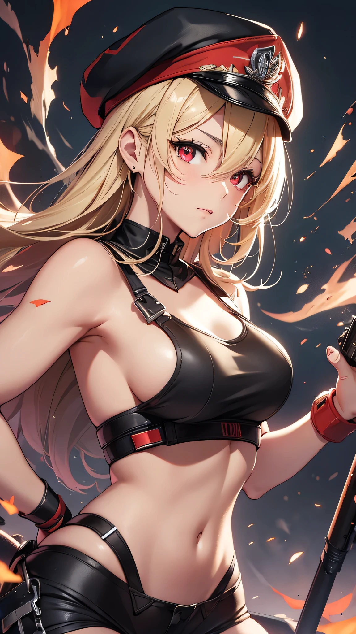 最high quality、Best image quality、masterpiece、girl((Age 25、 By becoming、Best Bust、Medium Bust,Wide open breast tea、Red glowing eyes,Blonde、Red Mesh、Disheveled Hair、Lointail、thin,The highest valley、Open chest、Luminous Wristbands、hair ornaments、Show the whole body,Black tank top、Red Bandana、Shortuscular、revolver、scar、Military Cap、Shooting Pose、Full body scar、Fighting Pose)),high quality、Beautiful art、background((Photography room))、Flight、Flying debris、Written boundary depth、movie、Visual Arts、Perfect art、8K,Genuine,
