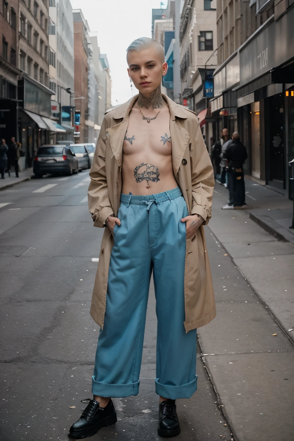 Full body hyper realistic vogue style picture of a young androgynous manly female with androgynous shaved hair standing in nyc street, in the style of trench coat, baggy pants, completely flat chest with tattoos, androgynous body with few arm tattoo, zeiss planar t* 88mm f/2.8, kodak portra, uhd image, sovietwave, distinct facial features,