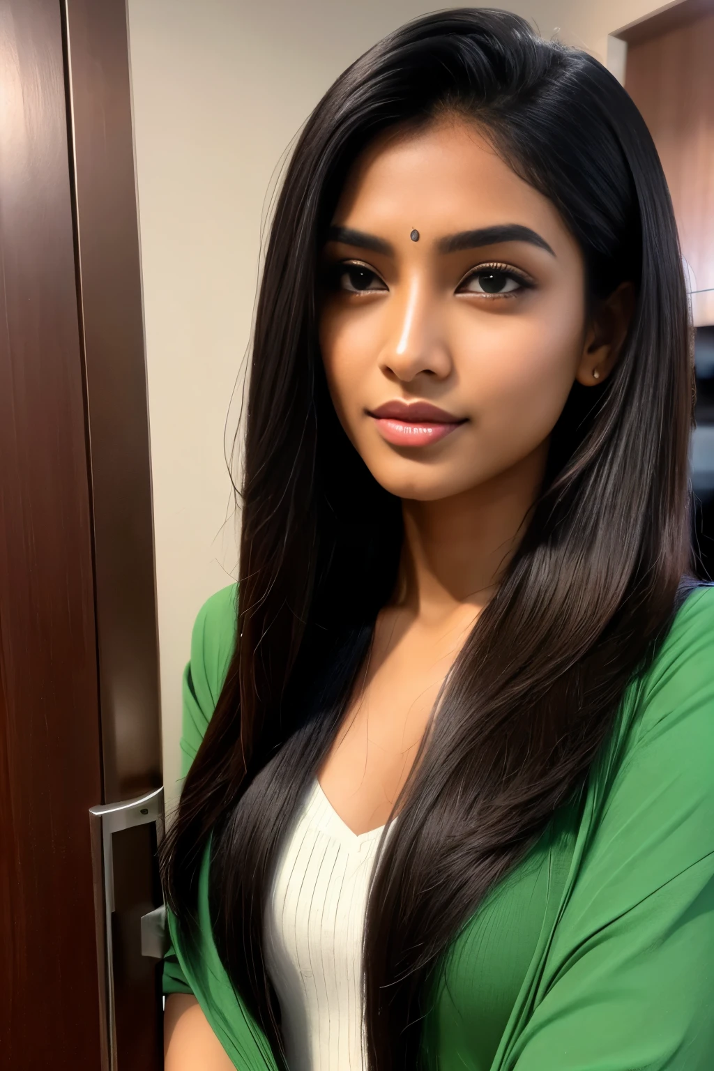 Perfect south asian woman, super long hair, dark hair, nose ring, dark skin, green eyes, perfect lips, fashion model