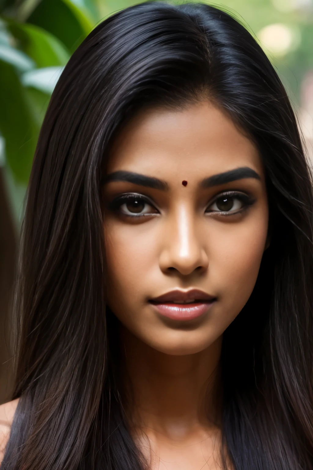 Perfect south asian woman, super long hair, dark hair, nose ring, dark skin, green eyes, perfect lips, fashion model