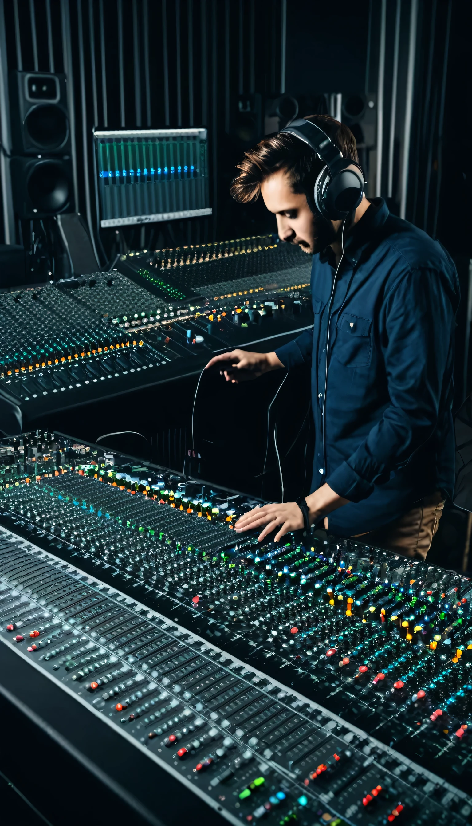an sound engineer that focus during mixing with audio mixer console, while wearing headphone