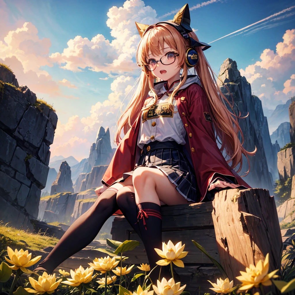 Pink gold golden hair、Golden Eyes、One good looking girl、Twin tails、solo、anime、Checkered mini skirt、The skirt has buttons、Red T-shirt、Long sleeve、China、Cape、Black knee-high socks、Wearing headphones、Wearing a ribbon、Ribbon on waist、Tilting face、Teeth are visible、Sunset sky、The rocks are exploding、Rocky Mountain、The clouds are breaking through、Contrail、Glasses、Behind him is a giant World Tree piercing the clouds.、Sitting、Touching your face、lotus leaves、stream、Cumulonimbus
