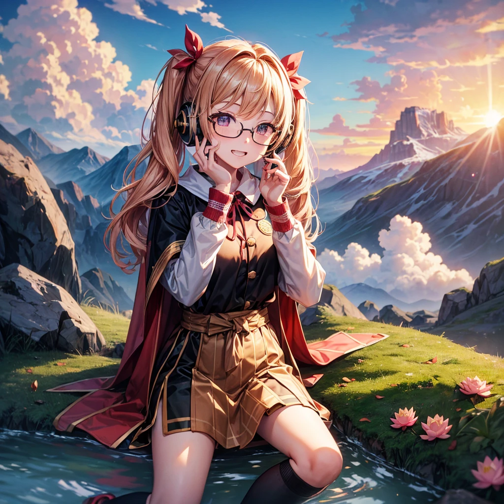 Pink gold golden hair、Golden Eyes、One good looking girl、Twin tails、solo、anime、Checkered mini skirt、The skirt has buttons、Red T-shirt、Long sleeve、China、Cape、Black knee-high socks、Wearing headphones、Wearing a ribbon、Ribbon on waist、Tilting face、Teeth are visible、Sunset sky、The rocks are exploding、Rocky Mountain、The clouds are breaking through、Contrail、Glasses、Behind him is a giant World Tree piercing the clouds.、Sitting、Touching your face、lotus leaves、stream、Cumulonimbus