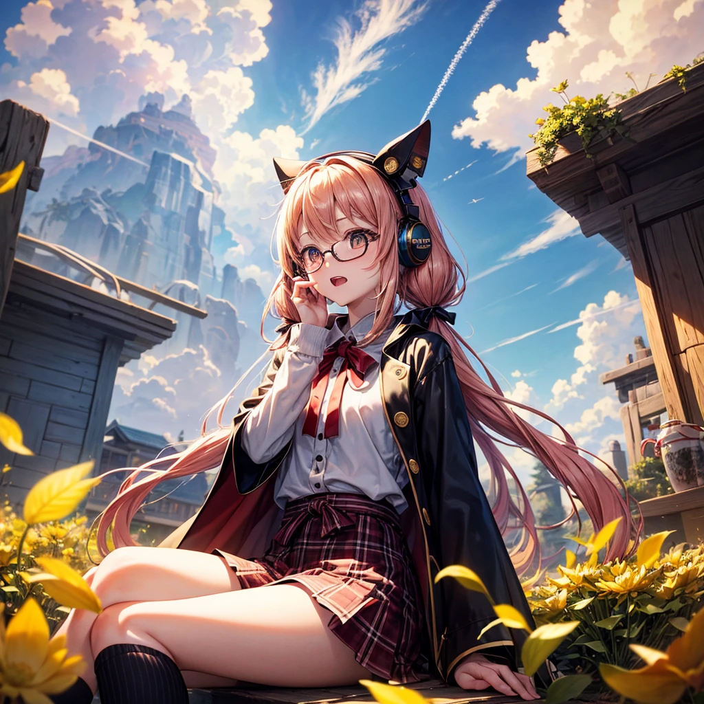 Pink gold golden hair、Golden Eyes、One good looking girl、Twin tails、solo、anime、Checkered mini skirt、The skirt has buttons、Red T-shirt、Long sleeve、China、Cape、Black knee-high socks、Wearing headphones、Wearing a ribbon、Ribbon on waist、Tilting face、Teeth are visible、Sunset sky、The rocks are exploding、Rocky Mountain、The clouds are breaking through、Contrail、Glasses、Behind him is a giant World Tree piercing the clouds.、Sitting、Touching your face、lotus leaves、stream、Cumulonimbus