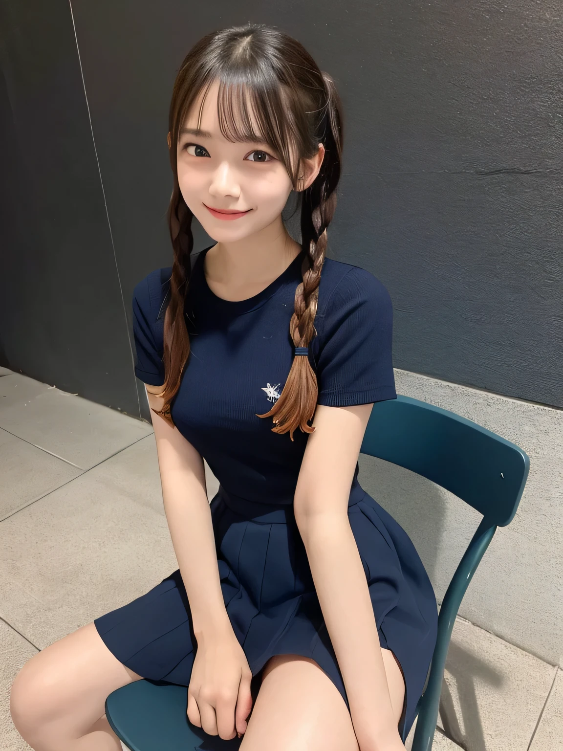 In detail,Full body photo、 One high school girl、High resolution, high quality、Slim body、Perfect dynamic composition, Beautiful fine details, Twin tails、Natural color lip,Kamimei、、Clear Skin、Yellow short-sleeved sailor suit、Red mini skirt、Thighs、Shiny Hair、最high quality, figure, Very detailed, In detail, High resolution, 8k、The correct state of the human body、Sculpture model pose,Dark blue walls,Sitting in a chair、Thighs are visible、smile、