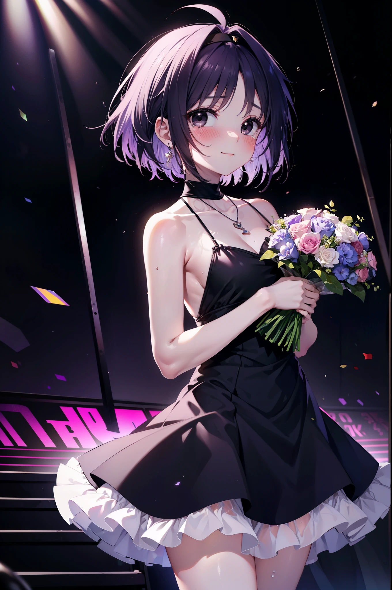 yuukikonno, Yuki Konno,Black Hair,Short Hair,Bob Hair ,Ahoge,Green headband,(Black eyes:1.5), (Small breasts:1.2), smile,Purple Dress,Purple long skirt,purple stiletto heels,Sleeveless,Expose your shoulders,Bare arms,Bare neck,bare clavicle,She is holding a large bouquet of flowers in both hands...,There is a big cake on the table,Heart Necklace,Tears stream down her face,Tears of joy,I cry a lot,Looking up from below,
break indoors, venue,on stage,
break looking at viewer, Upper Body, (Cowboy Shot:1.5),
break (masterpiece:1.2), highest quality, High resolution, unity 8k wallpaper, (shape:0.8), (Beautiful details:1.6), Highly detailed face, Perfect lighting, Extremely detailed CG, (Perfect hands, Perfect Anatomy),