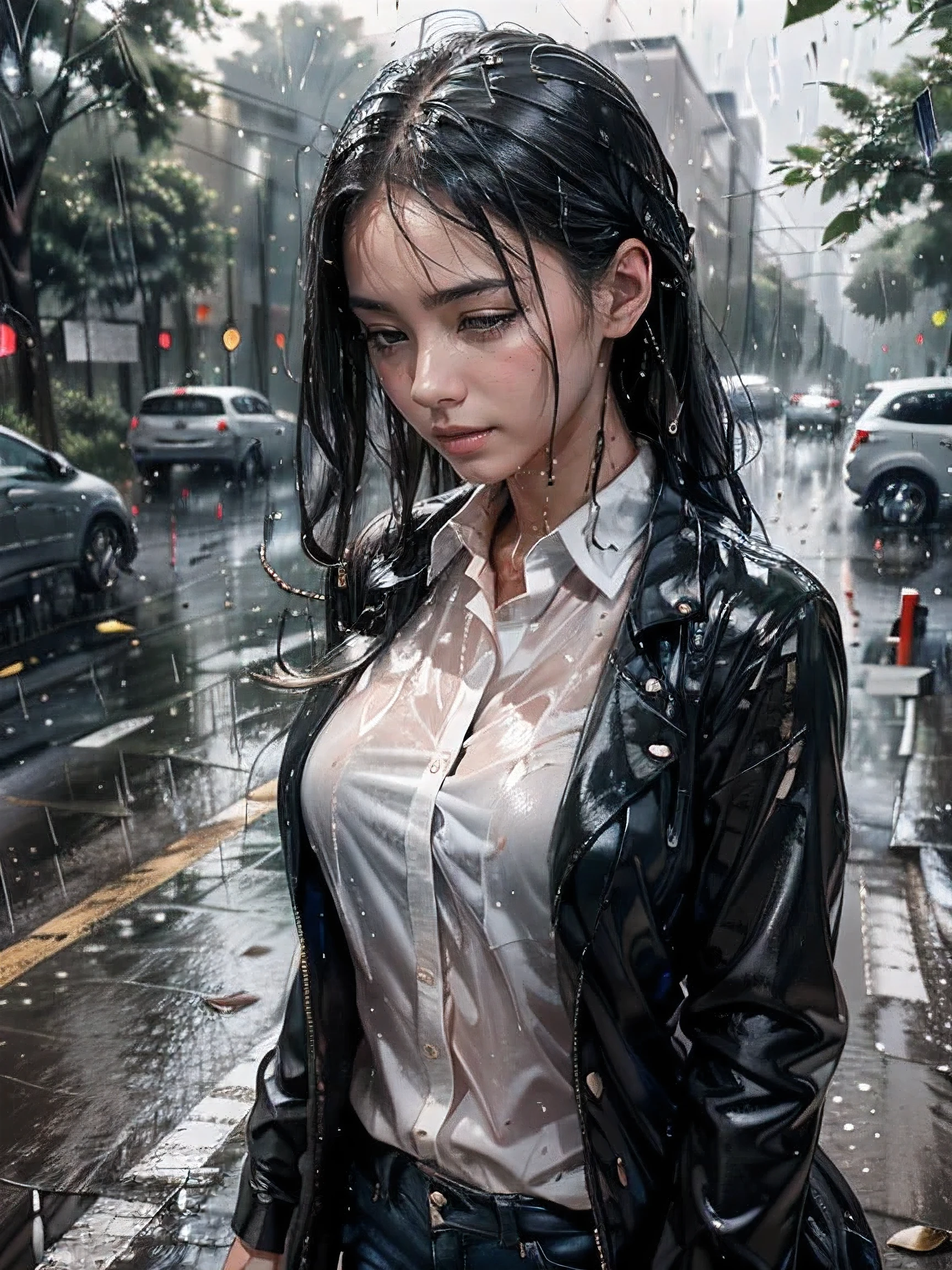 a beautiful girl crying in the countryside road, rainy, trees around the road, standing, wet shirt, long hair, black hair, 