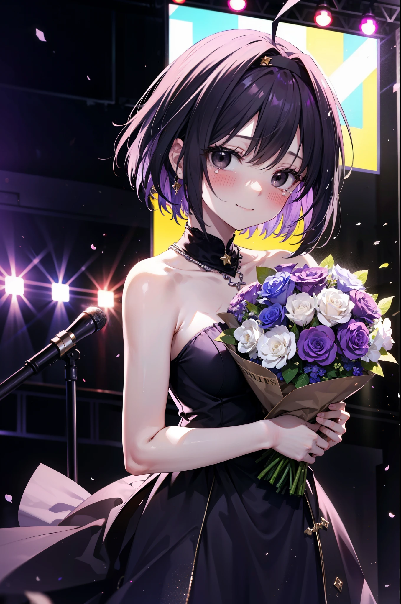 yuukikonno, Yuki Konno,Black Hair,Short Hair,Bob Hair ,Ahoge,Green headband,(Black eyes:1.5), (Small breasts:1.2), smile,Purple Dress,Purple long skirt,purple stiletto heels,Sleeveless,Expose your shoulders,Bare arms,Bare neck,bare clavicle,She is holding a large bouquet of flowers in both hands...,There is a big cake on the table,Heart Necklace,Tears stream down her face,Tears of joy,I cry a lot,Looking up from below,
break indoors,  venue,on stage,
break looking at viewer, Upper Body, (Cowboy Shot:1.5), 
break (masterpiece:1.2), highest quality, High resolution, unity 8k wallpaper, (shape:0.8), (Beautiful details:1.6), Highly detailed face, Perfect lighting, Extremely detailed CG, (Perfect hands, Perfect Anatomy),