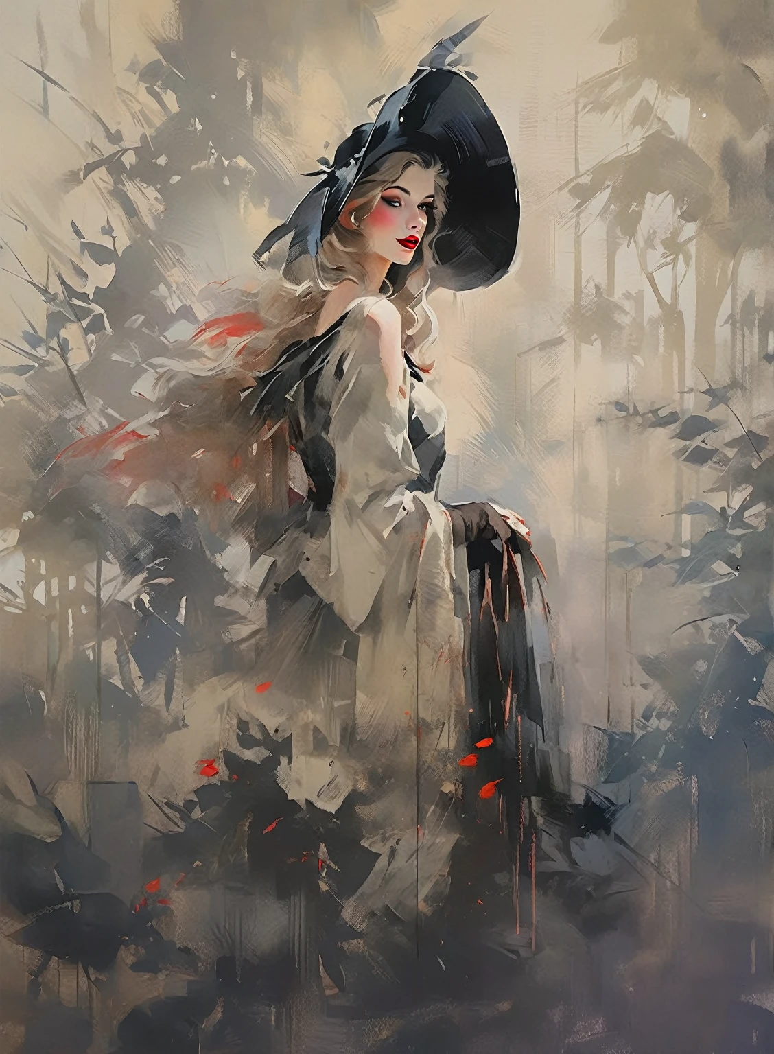 chiaroscuro technique on illustration of an elegant , retro and vintage ,arafed woman with red lips and a black hat posing for a picture, wearing black dress and hat, sexy lips :5 stylish, sexy face with full makeup, by Wayne England, thick red lips, beautiful witch with long hair, sexy red lips, wearing black old dress and hat, mysterious glamour, matte painting, by Hannah Dale, by Harumi Hironaka, extremely soft colors, vibrant, pastel, highly detailed, digital artwork, high contrast, dramatic, refined, tonal, golden ratio