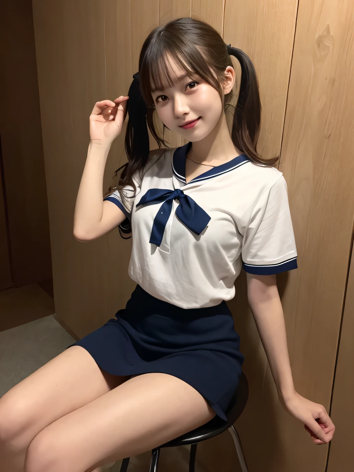 In detail,Full body photo、 One high school girl、High resolution, high quality、Slim body、Perfect dynamic composition, Beautiful fine details, Twin tails、Natural color lip,Kamimei、17-year-old girl、Clear Skin、Yellow short-sleeved sailor suit、Red mini skirt、Thighs、Shiny Hair、最high quality, figure, Very detailed, In detail, High resolution, 8k、The correct state of the human body、Sculpture model pose,Dark blue walls,Sitting in a chair、Thighs are visible、smile、