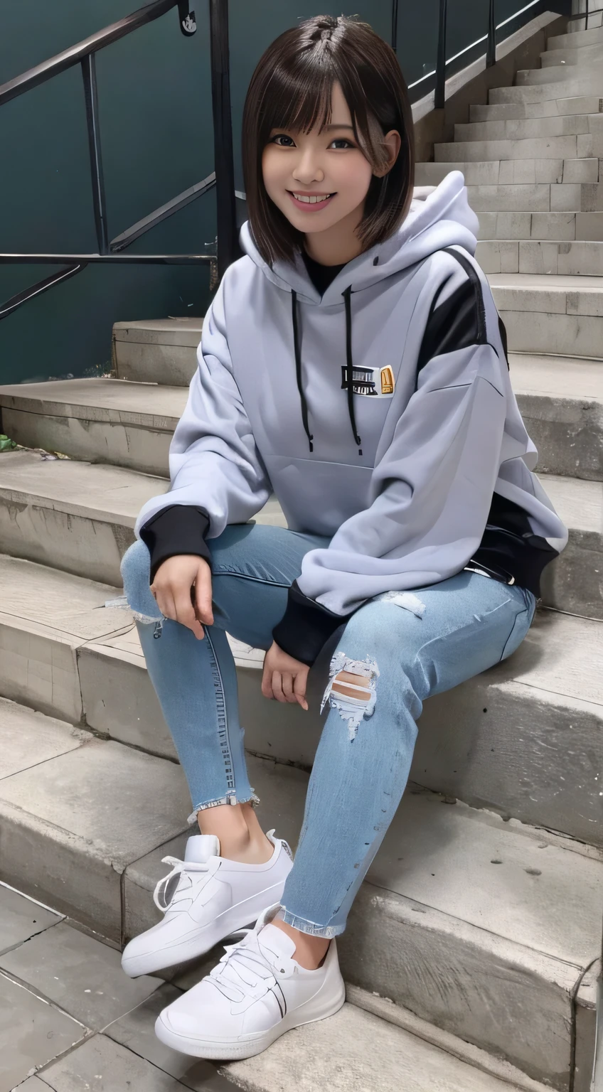 highest quality, Realistic, Very detailed, Finer details, High resolution, 8k wallpaper, One beautiful woman,Sit on the stairs、(Wear black socks)smile、(Beautiful teeth alignment、)(Gums are visible) Oversized hoodie, Skinny jeans,( Black sneakers)、Black Hair、 Beautiful Bangs、ear piercing、Perfect dynamic composition, Beautiful and detailed, Full Body Shot, A big smile