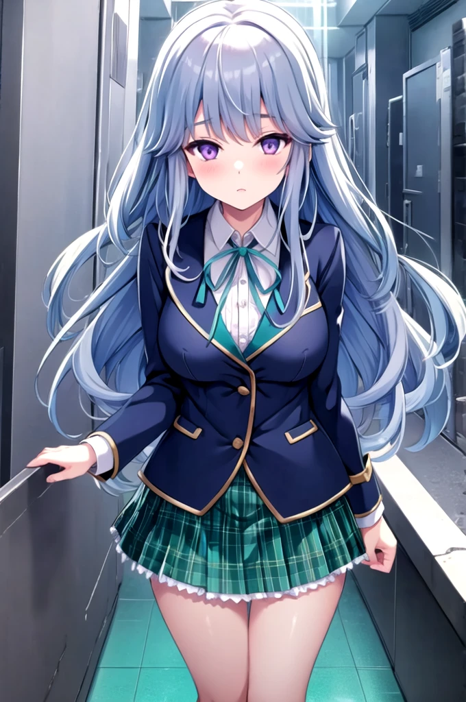 yuliavalkova grey hair, blue hair, long hair, purple eyes, large breasts, nsfw See Through, blue jacket, blazer, white shirt, green ribbon, green skirt, plaid skirt, nipple, ,15years old