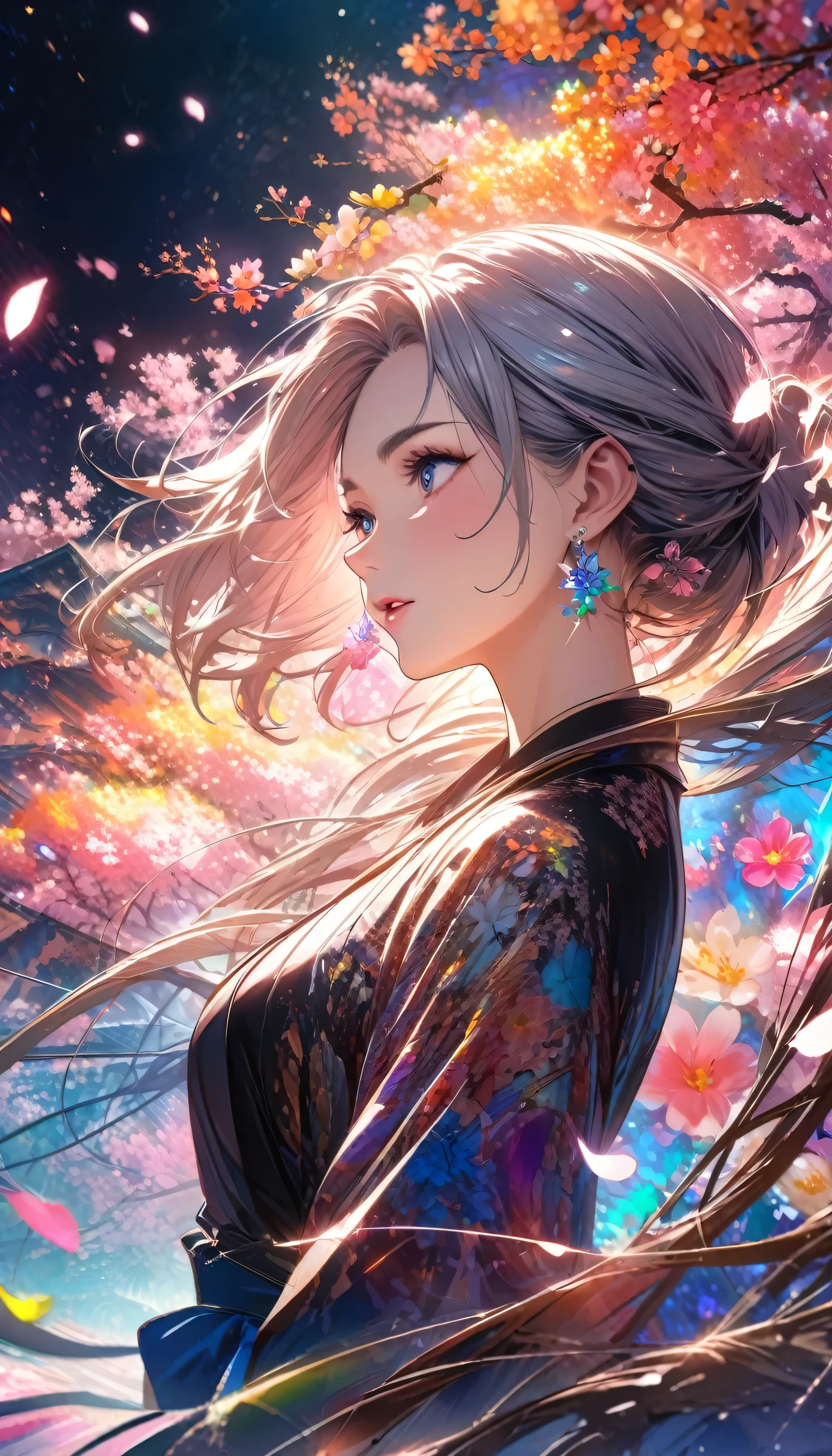 Anime Style, Ultra-fine illustrations, Very detailedな, Dynamic Angle, Beautiful details, 8k, On a Spring Night, Cherry blossom tree illuminated by city lights々is quietly shining. Break A woman stops, I was fascinated by the beautiful scenery, Watching the cherry blossoms fluttering down. Her expression is、It speaks of the coming of spring and a heartfelt admiration for the beauty of cherry blossoms.. masterpiece, highest quality, highest quality, Official Art, beautifully、Aesthetically beautiful:1.2), (1 girl, mature:1.3, Older:1.3), Very detailed,(Fractal Art:1.1),(colorful:1.4)(Flowers:1.3),Most detailed,(Tangled:1.2), (Dynamic pose), (Abstract background:1.3), (Shiny skin), (Many colors:1.4),(Earrings:1.4),