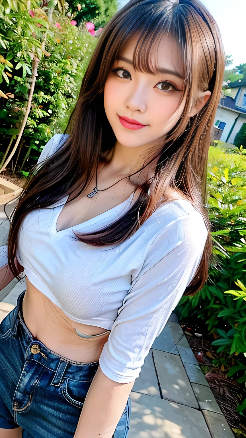 Full Body Angle、((highest quality, 8K, masterpiece: 1.3)), concentrated: 1.2, Cute girl 1,Nipples erect、 Perfect beauty: 1.4,Crisscross V-neck T-shirt, Casual summer short sleeve t-shirt: 1.2,Long sleeve、Randall Color、comics&Text Graphics、Black ruffle-trimmed drawstring zip blouse,1.1, Highly detailed face and skin textures, Fine grain, double eyelid, whitening skin, ,highest quality,Ultra-high resolution,you,1 girl,alone,_Shiny_skin,Iris,necklace,((Brown_length_Wavy_hair)),(lips)),eyelash,Front hair,deal with,compensate,Shiny,pore,skin texture,Large Breasts、smiling face、Front hair、garden、