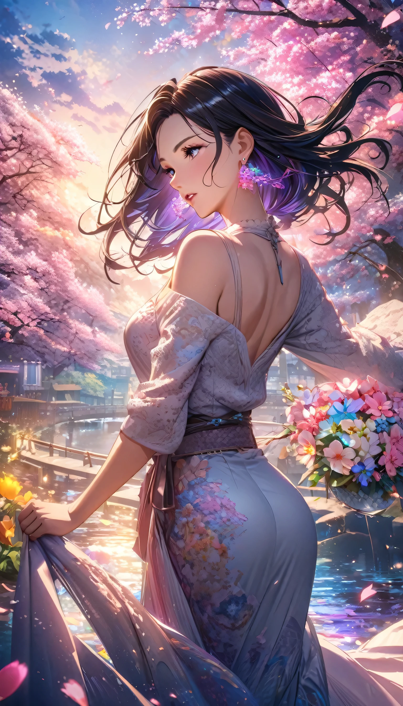 Anime Style, Ultra-fine illustrations, Very detailedな, Dynamic Angle, Beautiful details, 8k, On a Spring Night, Cherry blossom tree illuminated by city lights々is quietly shining. Break A woman stops, I was fascinated by the beautiful scenery, Watching the cherry blossoms fluttering down. Her expression is、It speaks of the coming of spring and a heartfelt admiration for the beauty of cherry blossoms.. masterpiece, highest quality, highest quality, Official Art, beautifully、Aesthetically beautiful:1.2), (1 girl, mature:1.3, Older:1.3), Very detailed,(Fractal Art:1.1),(colorful:1.4)(Flowers:1.3),Most detailed,(Tangled:1.2), (Dynamic pose), (Abstract background:1.3), (Shiny skin), (Many colors:1.4),(Earrings:1.4),