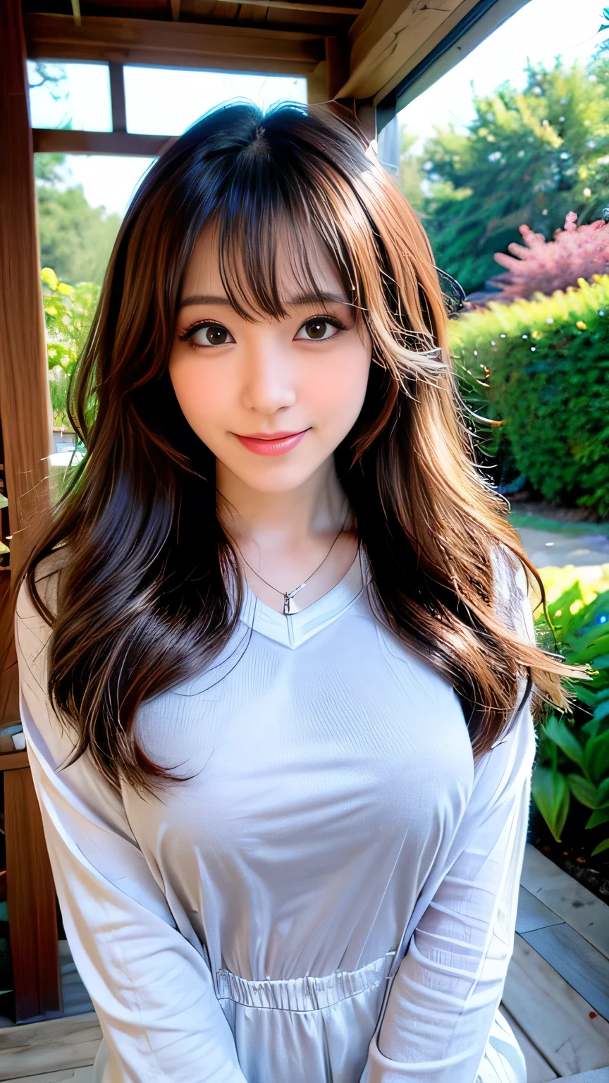 Full Body Angle、((highest quality, 8K, masterpiece: 1.3)), concentrated: 1.2, Cute girl 1,Nipples erect、 Perfect beauty: 1.4,Crisscross V-neck T-shirt, Casual summer short sleeve t-shirt: 1.2,Long sleeve、Randall Color、comics＆Text Graphics、Black ruffle-trimmed drawstring zip blouse,1.1, Highly detailed face and skin textures, Fine grain, double eyelid, whitening skin, ,highest quality,Ultra-high resolution,you,1 girl,alone,_Shiny_skin,Iris,necklace,((Brown_length_Wavy_hair)),(lips)),eyelash,Front hair,deal with,compensate,Shiny,pore,skin texture,Large Breasts、smiling face、Front hair、garden、