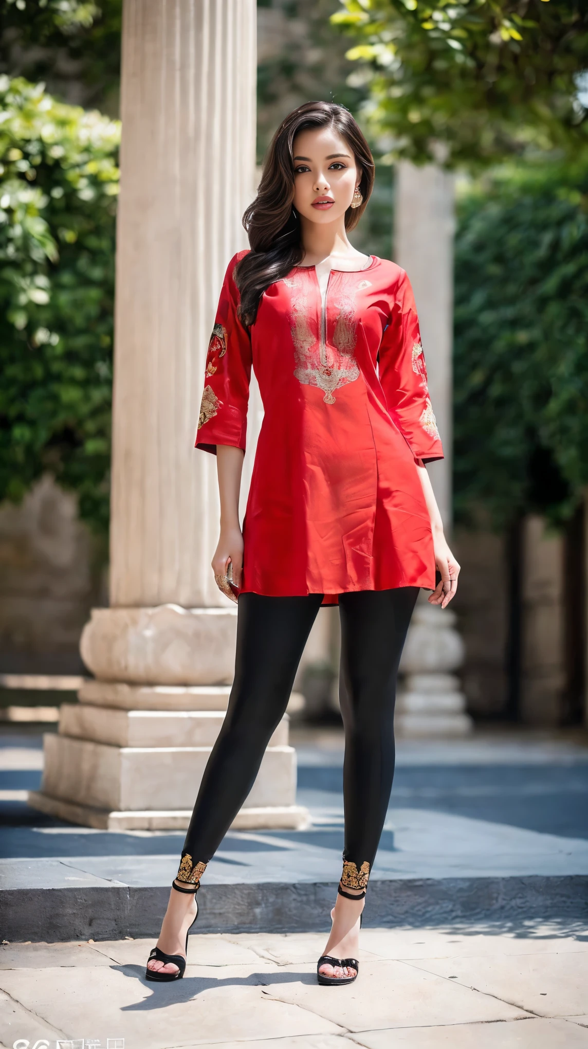 ((girl outdoor, luxurious outdoor city, luxurious place,), 
(((Full body shot))), (elegant standing position), (looking at viewers, front view shots), (masterpiece, hyper realistic, hyper detailed, photoshop, photorealists), 20 years old lady, 16k, FHD, UHD, high quality pictures, extremely detailed, candid brightness, candid shots, (iconic picture shot, perfect brightness, perfect contrast, perfect colour), (pretty face, iconic face), (detailed face, detailed eye, detailed lips, detailed neck, ultra realistic face, ultra realistic eye, ultra realistic lips), (attractive hair style, beautiful hair style), (sagging perky breasts, perfect rounded breasts, attractive breasts), (attractive body figure, perfect body figure, perfect figure, curvy_figure, hourglass_figure), (embroidery High heels, fancy high heels),  (Indian goddess, goddess), 
((fancy embroidery kurta), (embroidery red kurta),  red iconic kurta, ruffled flared kurta, flared kurta, fancy kurta, long skinny sleeves, fancy leggings, fancy neck kurta, fancy leggings, black leggings). , ,