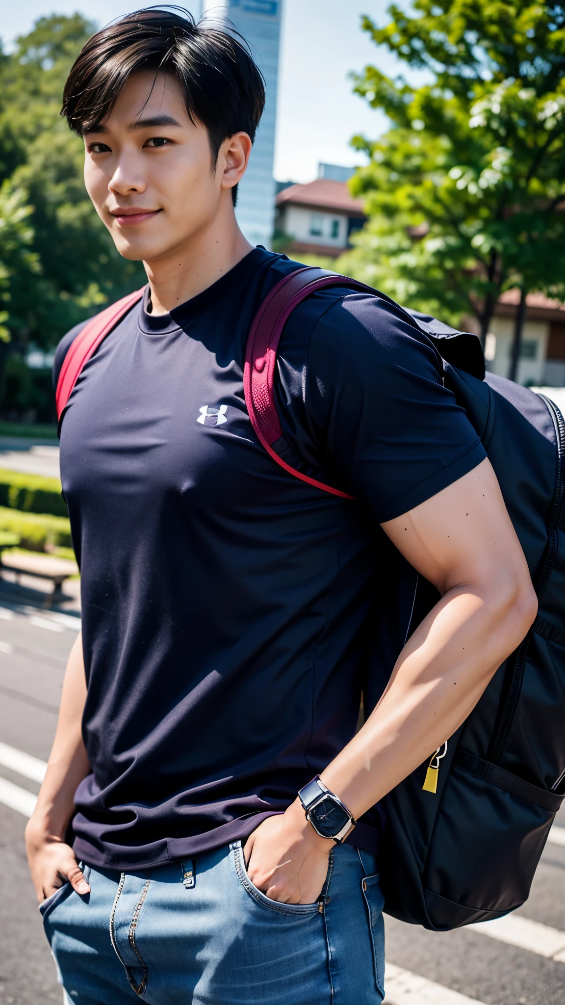 1 man in the middle of the picture, smile, (track suit, Dark navy color, short sleeve shirt ยี่ห้อ under armor), (jeans), (Korean people) , korean men, (Realistic lighting), looking at the audience, Balancing eye contact), in the city, The road is full of cars., Backpack