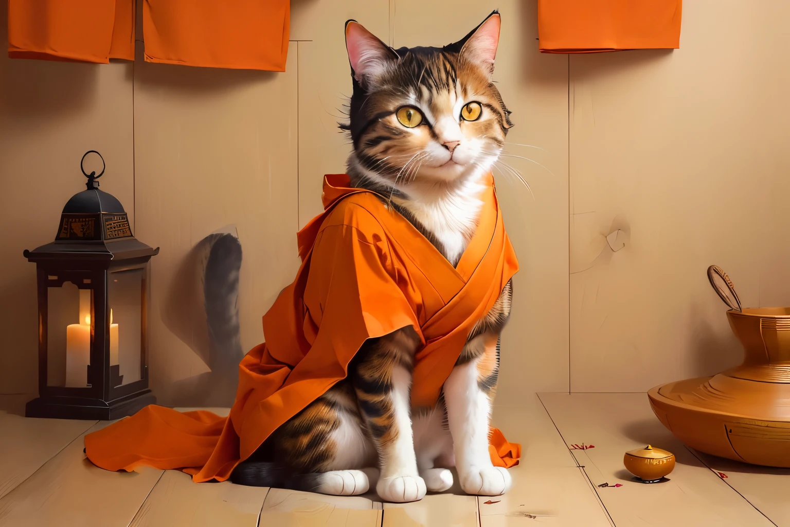 highest quality、Real like aphotograph、A cat dressed as a monk、He is wearing orange robes like those worn by Chinese monks.