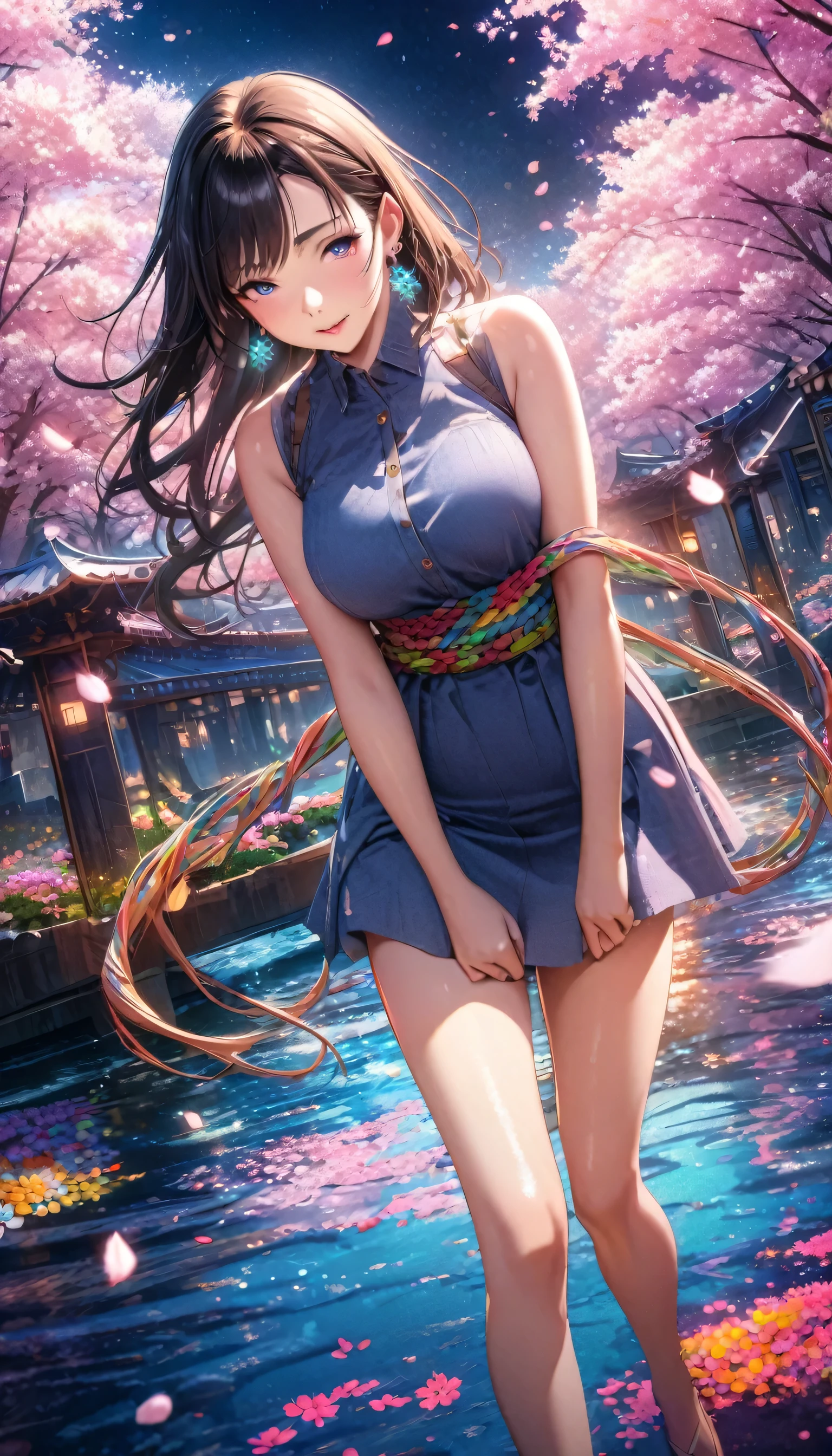 Anime Style, Ultra-fine illustrations, Very detailedな, Dynamic Angle, Beautiful details, 8k, On a Spring Night, Cherry blossom tree illuminated by city lights々is quietly shining. Break A woman stops, I was fascinated by the beautiful scenery, Watching the cherry blossoms fluttering down. Her expression is、It speaks of the coming of spring and a heartfelt admiration for the beauty of cherry blossoms.. masterpiece, highest quality, highest quality, Official Art, beautifully、Aesthetically beautiful:1.2), (1 girl, mature:1.3, Older:1.3), Very detailed,(Fractal Art:1.1),(colorful:1.4)(Flowers:1.3),Most detailed,(Tangled:1.2), (Dynamic pose), (Abstract background:1.3), (Shiny skin), (Many colors:1.4),(Earrings:1.4),