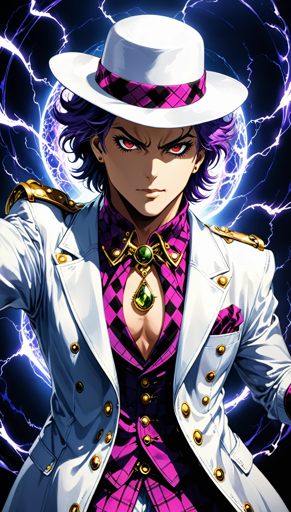 (in style of JoJo's Bizarre Adventure:1.4),(front view:1.6),dynamic_angle,foreshortening,(cowboy_shot:1.2),1boy,white hat,white coat,(jojo pose:1.5),surrealist style,exaggerated dynamic poses,evil breath,ominous atmosphere,dome,(evil energy:1.4) three-quarter view,aerial,(perfect hands:1.3),zoom layer,plaid fashion clothing,surreal accessories,
