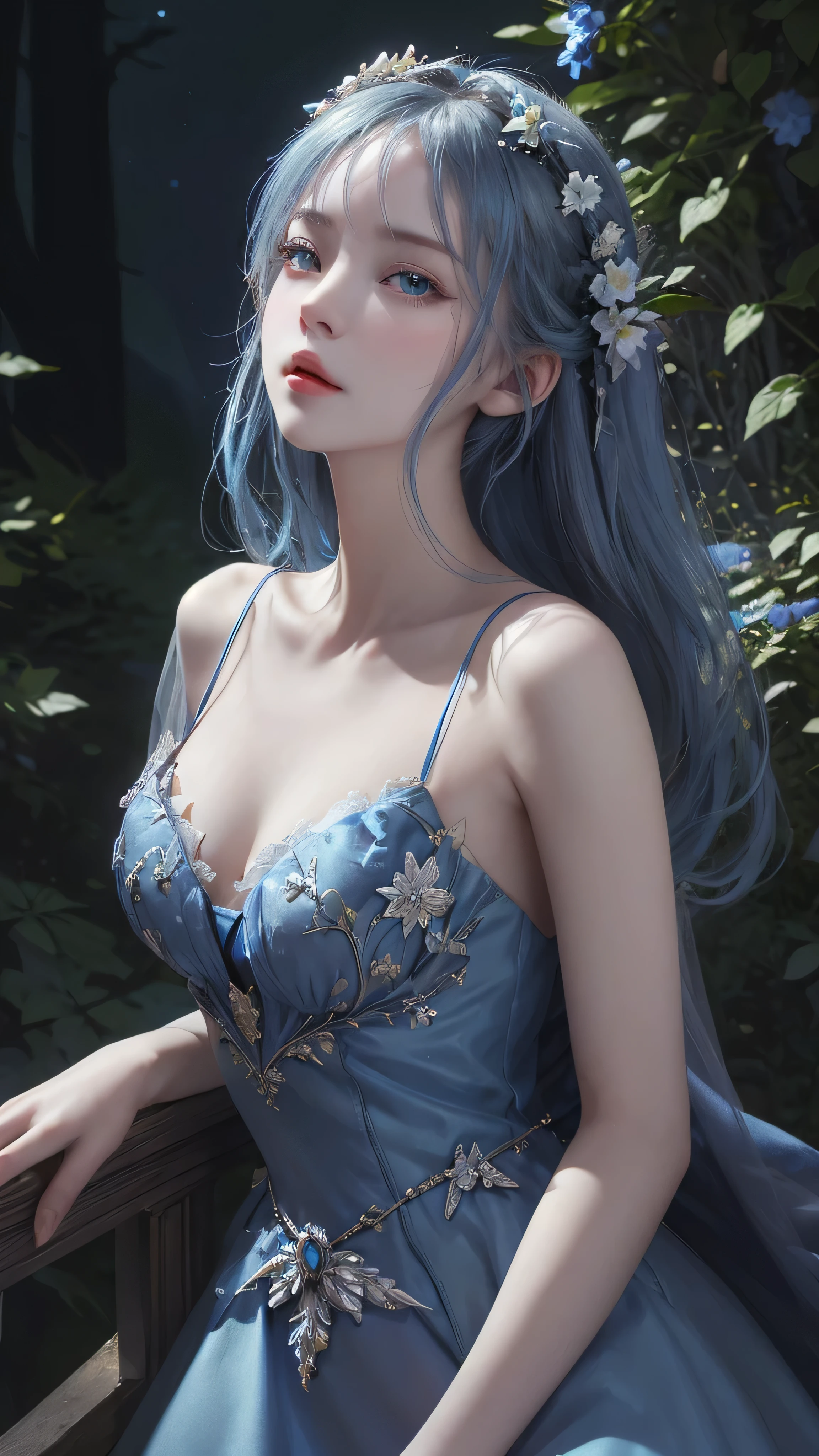 masterpiece, best quality, Marianne_Time flies, blue dress, Capulet, Dark alpine forest, permanent, night, look up, Upper Body, Delicate face 