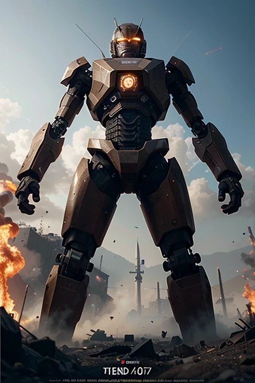 masterpiece, best quality, extremely high detailed, intricate, 8k, HDR, wallpaper, cinematic lighting, (((movie poster))), Mecha, from below, spaceship above, explosions in the sky, dutch angle, ,A towering robot with sharp, angular features, glowing red eyes, and tendrils of code flowing from its body, symbolizing its computational power turned malevolent.