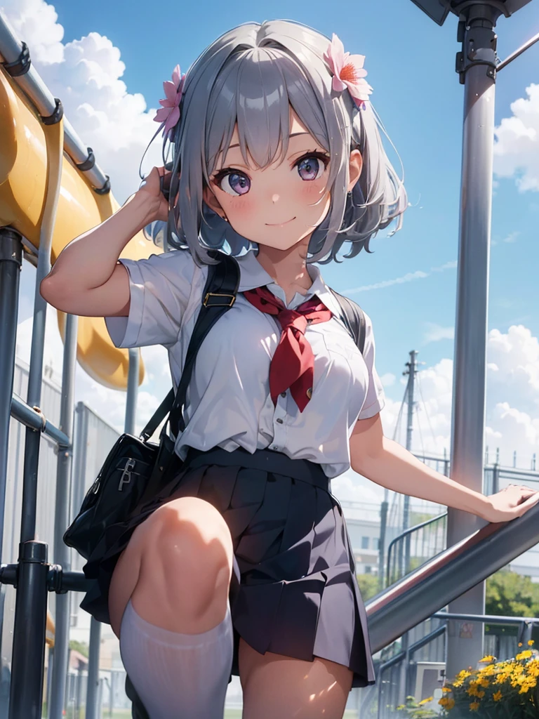 (masterpiece,best quality, 8k,ultra high res),(1 cute girl, shiny body,shiny, normal size breasts),A girl playing on a big_slide in a park,(school_uniform:1.2),silver hair,Flower accessories on the head,A girl smiling at the top of a slide,dynamic angle
