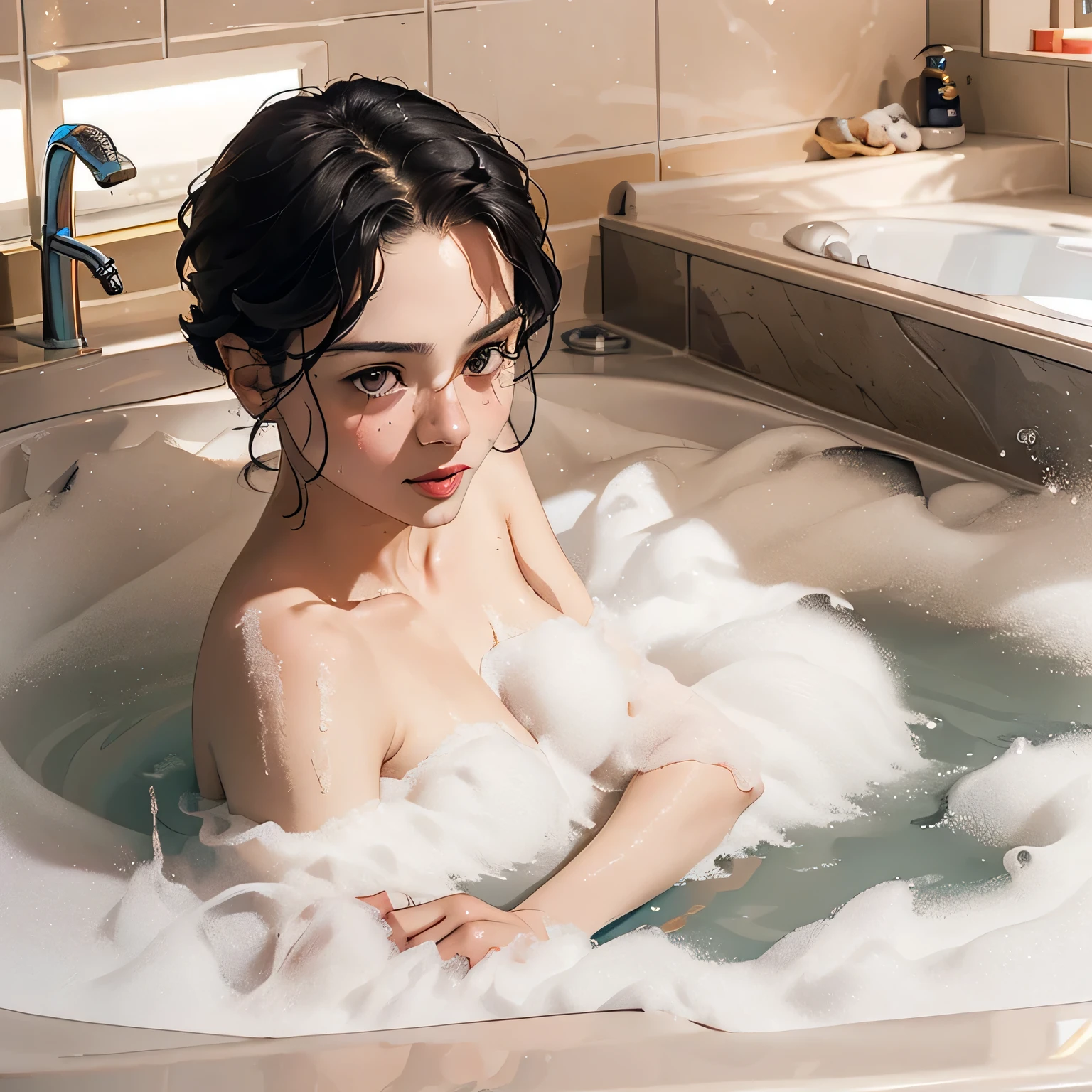 (masterpiece:1.3), (8k, Realistic, RAW Photos, highest quality: 1.4), Absurd, Charm, Ultra-high resolution, Ultra-realistic, Very detailed, Golden Ratio, (Realistic), (Best Shadow), Low contrast, (Complex:1.4), Side lighting, 8K, Beautiful Face, (Realistic Face), Beautiful hairstyle, Realistic eyes, Beautiful fine details, (Realistic Skin), Beautiful Skin, (One girl), ((Sasha Calle)), (Accurate hand and finger depiction), (Black Hair, Handsome Short:1.3), glamorous, (smile), (Flushed), ((Lying on my stomach in the bath:1.1)), ((Bubble bath:1.3)), ((Completely naked:1.1)), ((I can't see my body in steam:1.1)), (cowboy shot), (Close-up of face:1.0), (Love hotel bath), ((steam:1.4)), (Soap bubble:1.1)