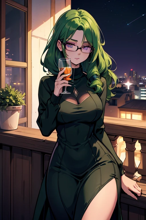 A green haired woman with violet eyes with an hourglass figure with glasses in a cute sweatshirt dress is drinking on an balcony at night