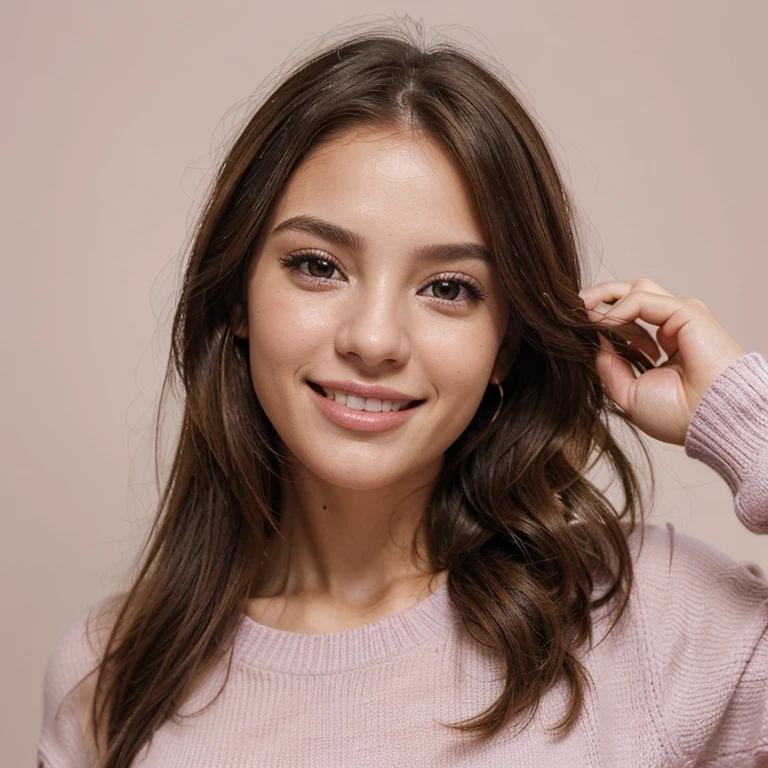 a young woman on a solid pink background. Ella luce alegre y sonriente, looking to his right with an expression of happiness and excitement.
The woman is wearing a light lilac knitted sweater, con textura visible y mangas largas. The sweater has a loose fit that adds a casual and comfortable touch to your look. She holds the edges of her sweater with both hands, cerca de su cuello, which gives it a flirtatious and playful gesture.
Her hair is light brown, largo hasta los hombros y ligeramente ondulado. It is styled so that it falls naturally around his face., with a part of her hair behind one ear, lo que permite ver claramente su rostro sonriente.
The woman has smooth and youthful facial features, with large, expressive eyes that reflect joy. Su maquillaje es natural, highlighting your eyes with mascara and a light touch of eye shadow. Your lips are wearing a shade of natural lipstick or balm, complementando el estilo fresco y sencillo.
En general, The image conveys a sense of happiness, juventud y optimismo, with a palette of soft and harmonious colors between the lilac of the sweater and the pink of the background.