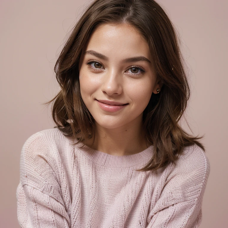 a young woman on a solid pink background. Ella luce alegre y sonriente, looking to his right with an expression of happiness and excitement.
The woman is wearing a light lilac knitted sweater, con textura visible y mangas largas. The sweater has a loose fit that adds a casual and comfortable touch to your look. She holds the edges of her sweater with both hands, cerca de su cuello, which gives it a flirtatious and playful gesture.
Her hair is light brown, largo hasta los hombros y ligeramente ondulado. It is styled so that it falls naturally around his face., with a part of her hair behind one ear, lo que permite ver claramente su rostro sonriente.
The woman has smooth and youthful facial features, with large, expressive eyes that reflect joy. Su maquillaje es natural, highlighting your eyes with mascara and a light touch of eye shadow. Your lips are wearing a shade of natural lipstick or balm, complementando el estilo fresco y sencillo.
En general, The image conveys a sense of happiness, juventud y optimismo, with a palette of soft and harmonious colors between the lilac of the sweater and the pink of the background.