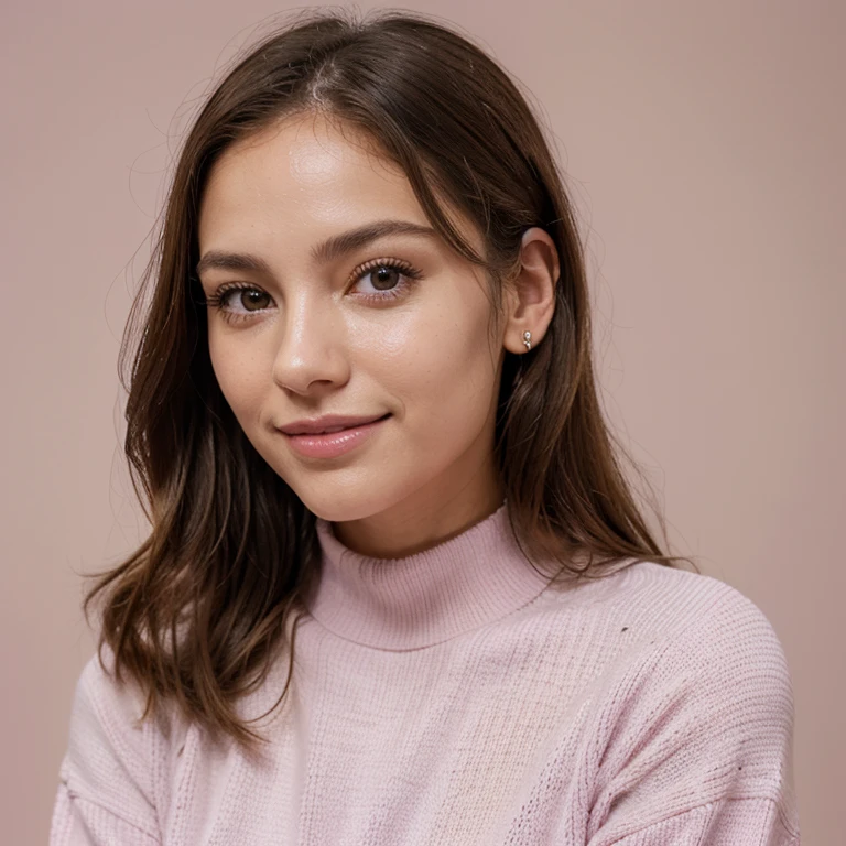 a young woman on a solid pink background. Ella luce alegre y sonriente, looking to his right with an expression of happiness and excitement.
The woman is wearing a light lilac knitted sweater, con textura visible y mangas largas. The sweater has a loose fit that adds a casual and comfortable touch to your look. She holds the edges of her sweater with both hands, cerca de su cuello, which gives it a flirtatious and playful gesture.
Her hair is light brown, largo hasta los hombros y ligeramente ondulado. It is styled so that it falls naturally around his face., with a part of her hair behind one ear, lo que permite ver claramente su rostro sonriente.
The woman has smooth and youthful facial features, with large, expressive eyes that reflect joy. Su maquillaje es natural, highlighting your eyes with mascara and a light touch of eye shadow. Your lips are wearing a shade of natural lipstick or balm, complementando el estilo fresco y sencillo.
En general, The image conveys a sense of happiness, juventud y optimismo, with a palette of soft and harmonious colors between the lilac of the sweater and the pink of the background.