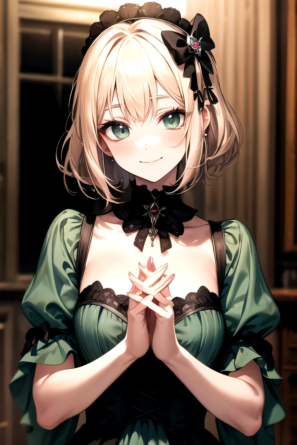 prompt: 8K resolution, delicate features, , single, unique students, shy smile, blonde, princess cut, Bow hair ornament, brooch, shiny dark green dress, ta style, gothic style, Folded hands, facing the viewer, Otaku Room, Female imps
