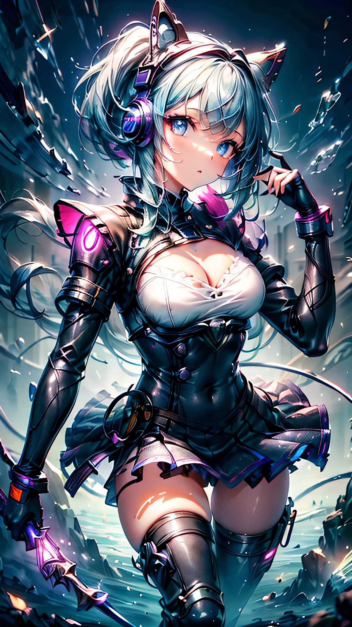 One girl, cyber punk, (whole body:1.1), Knee socks, Cleavage, Perfect Eyes, Perfect Face, Kuvshinov, (Gradient Background:1.2),