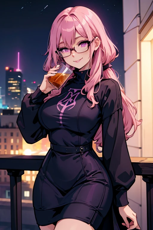 A pink haired woman with violet eyes with an hourglass figure with glasses in a cute sweatshirt dress is drinking on an balcony at night with a big smile