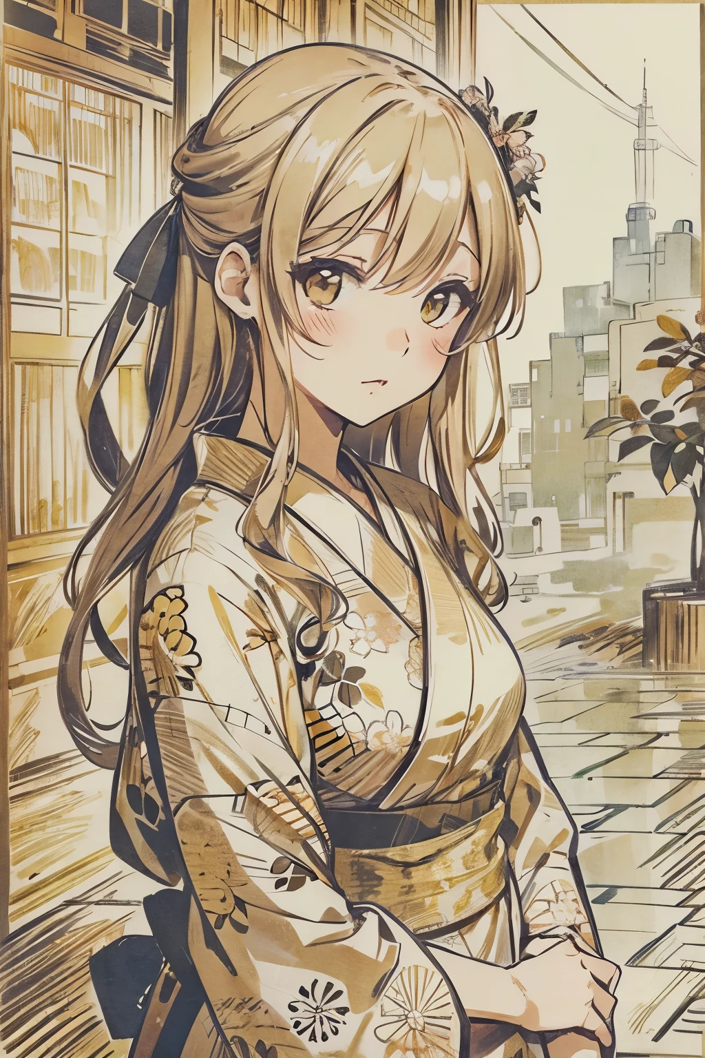 Yukata beautiful girl illustration style sepia color