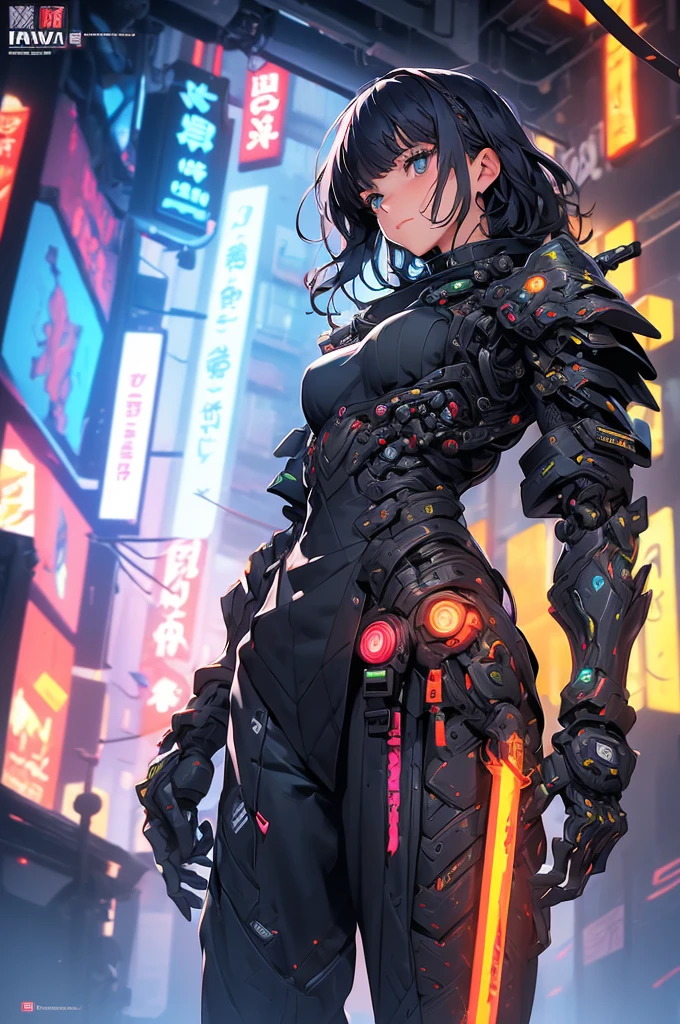 (masterpiece, best quality:1.1),
(8k, best quality, masterpiece, ultra highres, ultra-detailed:1.2),future technology,({Mia},1girl,tween,beautiful detailed face,(navy hair-color),(wavy-short hair),parallel eyebrows,navy eyes with large brown irises,blunt bangs,small nose, fresh lips,small chin,small breasts,small hip,(5feet tall)),ninja wearing cyberpunk-style mecha costume,dagger,mechanical exoskeleton,dynamic poses,whole body,Multi-wire striations,Glowing electronic shoes,whole body,Colored smoke,City avenue,skyscraper,neon lights，